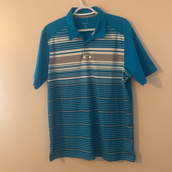 Oakley Men's Golf Blue White Stripes Short Sleeve Polo Shirt - Picture 3 of 6